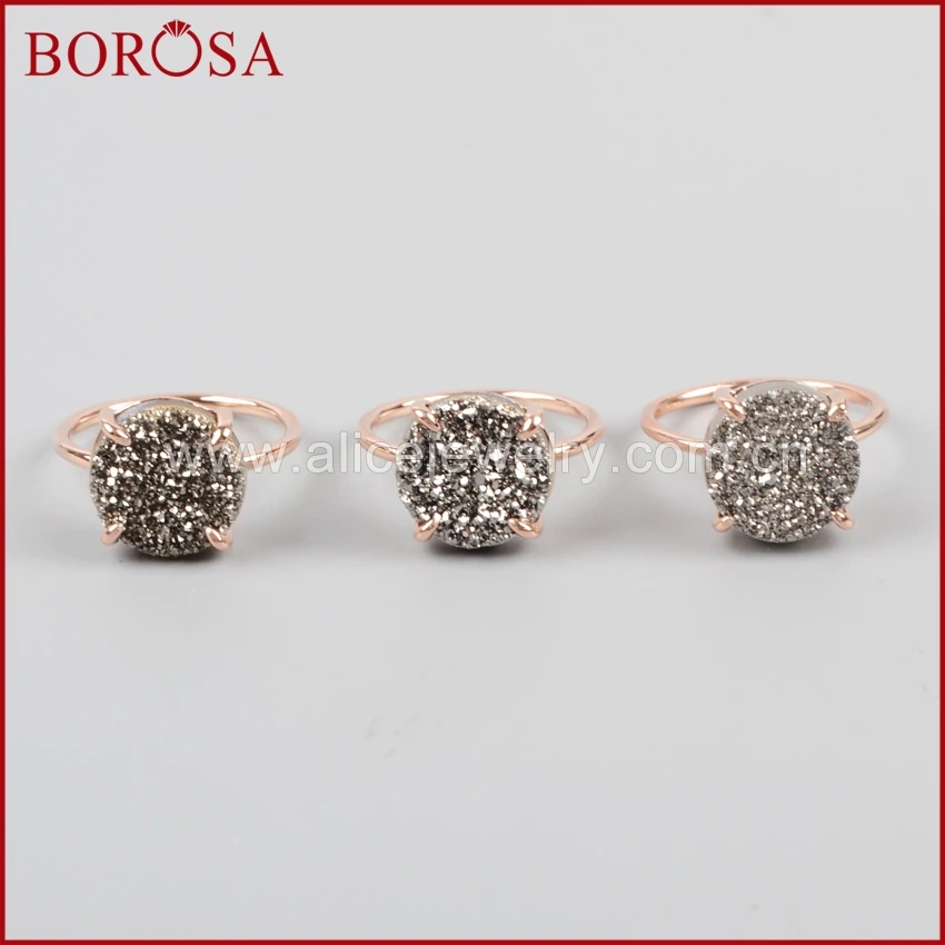BOROSA Druzy каменное кольцо 12 мм круглое розовое золото черный серебряный цвет коготь