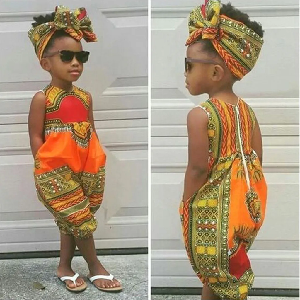 Комплект летней одежды для маленьких детей; одежда для маленьких девочек; безрукавный комбинезон с принтом в африканском стиле; комбинезон; костюм для девочек