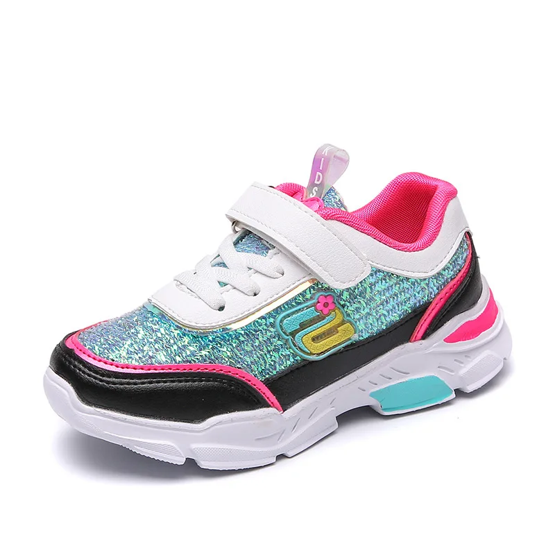 

Breathable Bling Mesh Girls Casual Sports Running Shoes Hook & Loop Girls Fashion Sneakers 2019 NEW