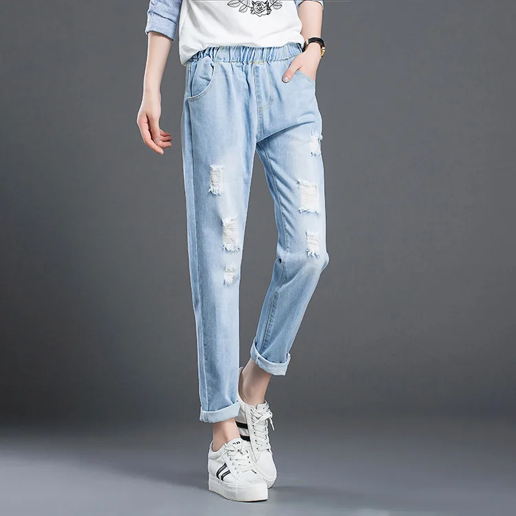 Plus Size Jeans Woman Harem Pants Ripped Casual Loose Ankle-Length Elastic Waist Denim Pants Summer Spring Fashion Plus Size Jeans Woman Harem Pants Ripped Casual Loose Ankle-Length Elastic Waist Denim Pants Summer Spring Fashion
