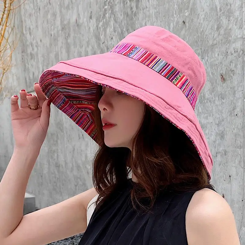 COKK Women Summer Hat Floppy Fisherman Cap Double Sided Sun Hat Female Wide Large Brim Bohemia Sunhat Beach Hat Cap Vacation New - Цвет: Розовый