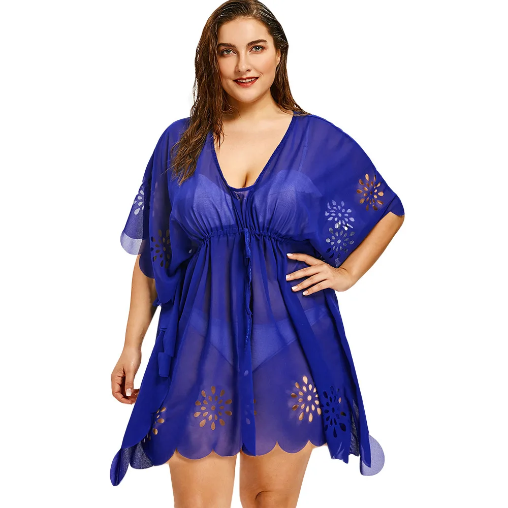 

New Plus Size Women Sexy Deep V-Neck Bikini Bottoms Women Sunblock Sunwear Beach Dress