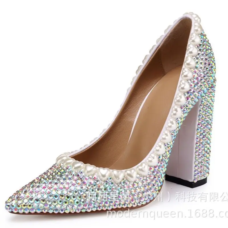 Women Pumps Wedding Shoes Thick heel Rhinestone 10CM Thin High Heels Bling Party Rhinestone Shoes banquet