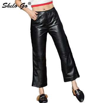 

Mink Fur Leather Pants Women Streetwear Single Button High Waist Sheepskin Genuine Leather Wide Leg Pants Concise Female Capris