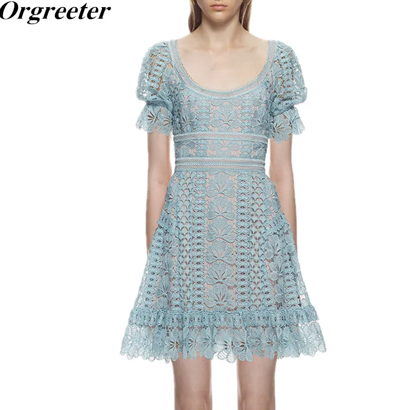

Orgreeter High Quality 2018 spring and summer new fog blue U-collar puff sleeve stitching lace dress