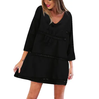 

Women Loose Dress Summer Three Quarter Sleeve Lace Bohemian Beach Loose Short Mini Dress Lace Polyester V-Neck