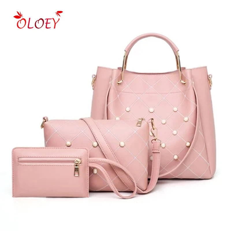 

luxury handbags women bags designer 3 pieces/set new women's purse pearl decoration handbag plaid car suture single shoulder cro