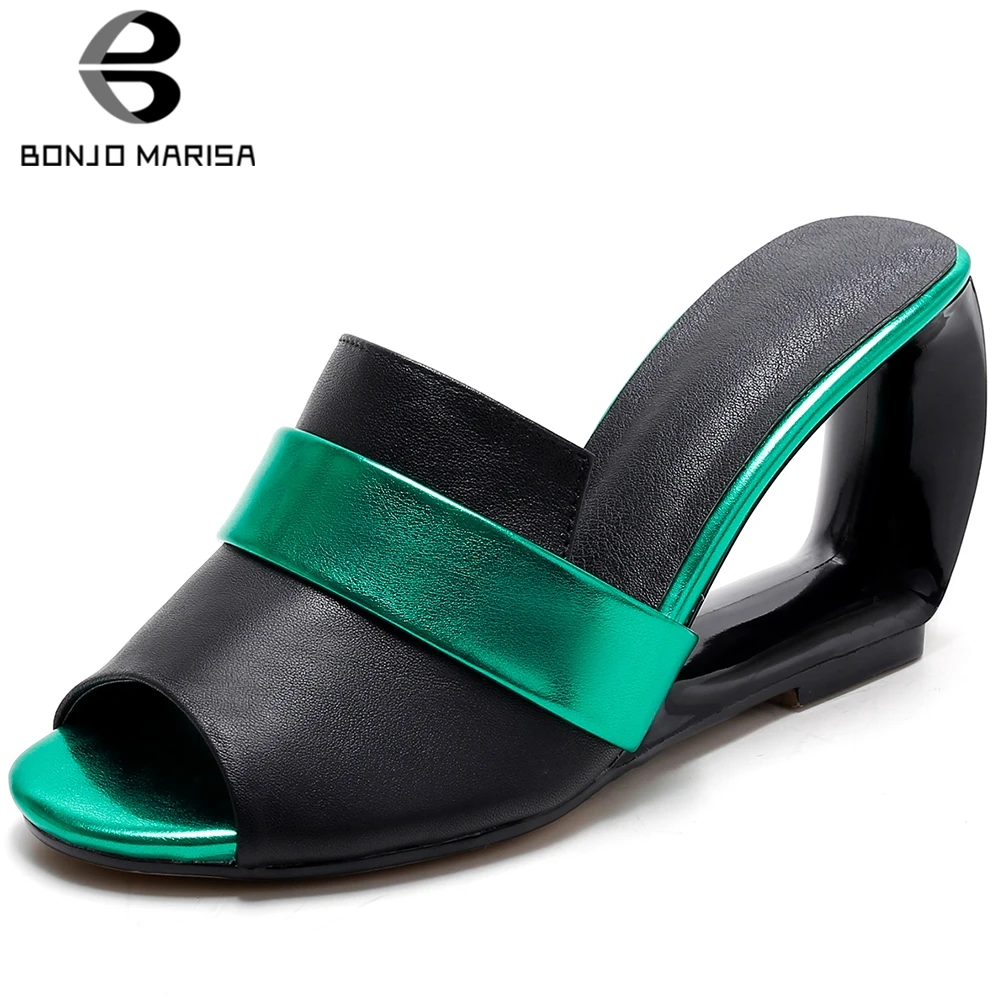 

BONJOMARISA 2020 Fashion New Big Size 33-43 Peep Toe Summer Pumps Mules Woman Shoes Slip On Strange Style Shoes Woman Pumps
