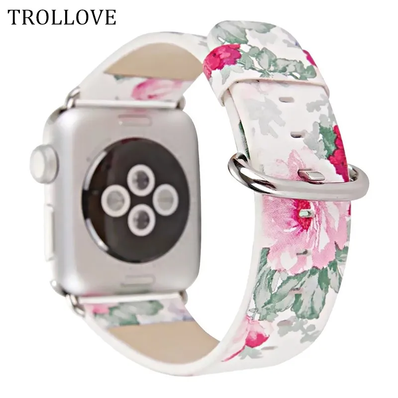 

TROLLOVE For Apple Watch Band 38mm 42mm PU Leather Floral Flower Strap Wrist Band Series 3 2 1 Wrist Watch Bracelet Watchband