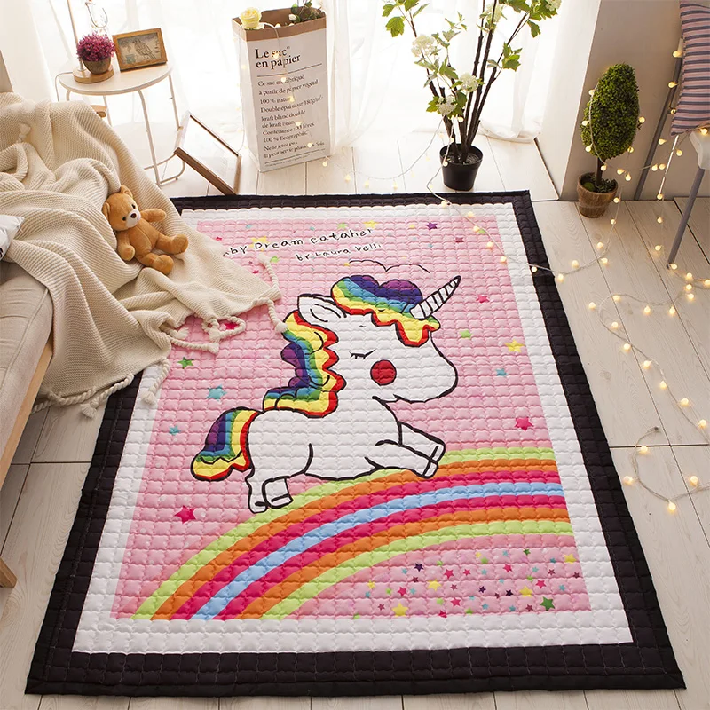TREENDPOOL Premium Quilted Cotton Baby Play Mat Cute Cartoon Unicorn Pattern Children Rug Animal Thickening Carpet Baby Creeping