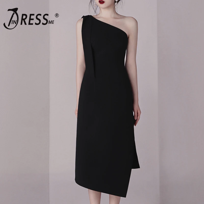 

INDRESSME 2019 New Sexy Solid Black One Shoulder Drapped Irregular Hem Dress Backless Knee Length Hollow Out Fashion Summer