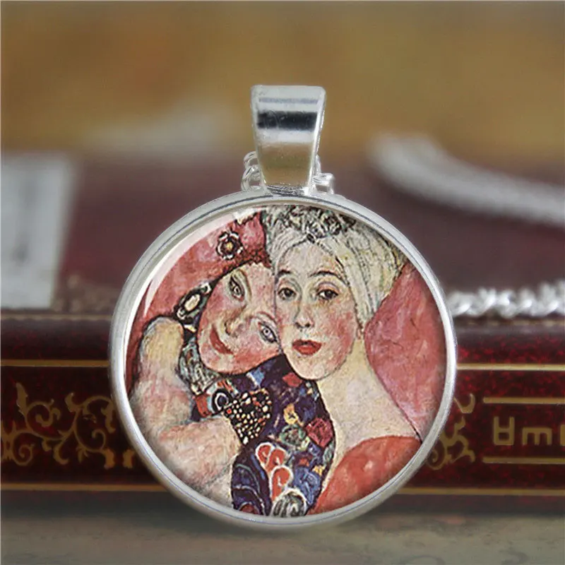 

10pcs/lot Klimt necklace,two beautiful women Artist necklace Print Photo Symbolism Art necklace