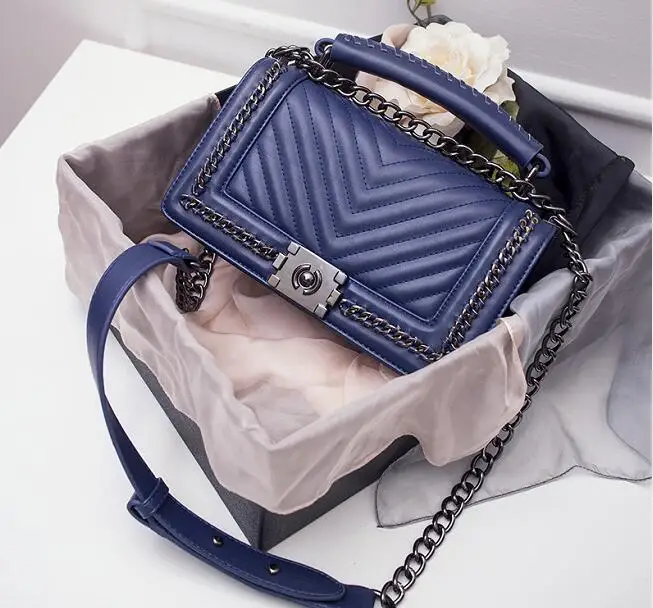 Длинные сумки на цепи через плечо для женщин дизайнерские сумки высокого качества роскошные сумки женские сумки дизайнерские сумки на плечо - Цвет: Темно-синий