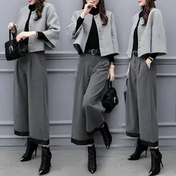 Мода осень для женщин комплект из 2 предметов с длинным рукавом шерстяные пальто и брюки высокое качество повседневное офисные женские