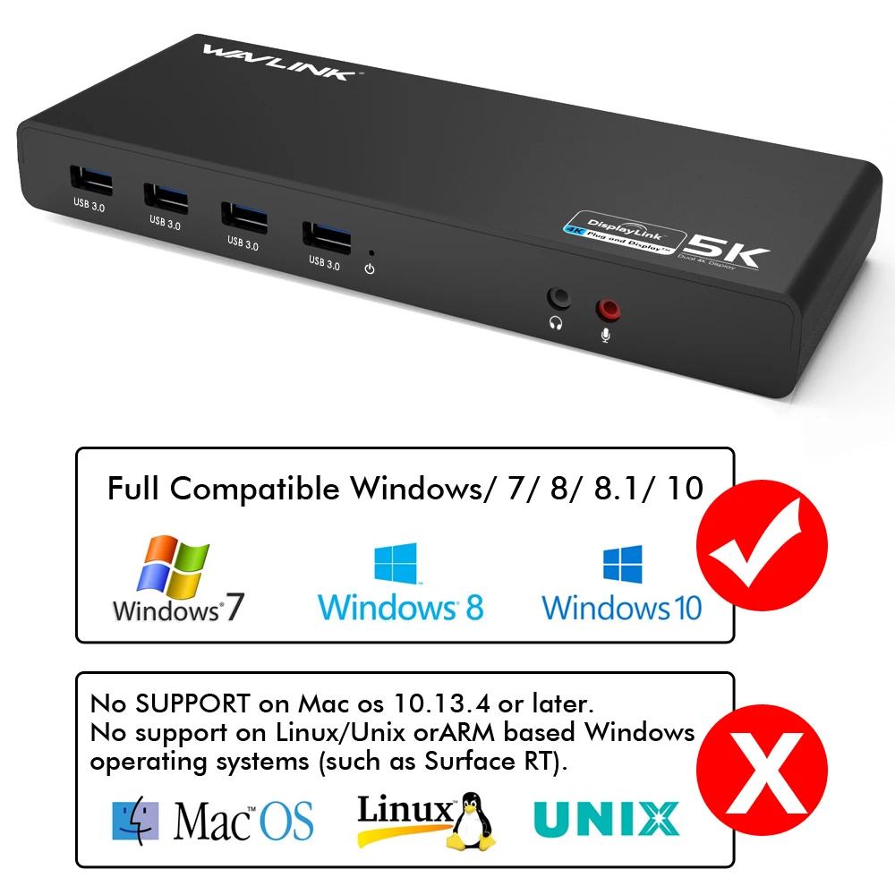 Estación de acoplamiento para portátil Wavlink Universal 5 K USB-C pantalla Dual 4 K USB 3,0 vídeo Gigabit Ethernet con HDMI/Displayport para Mac OS - 3