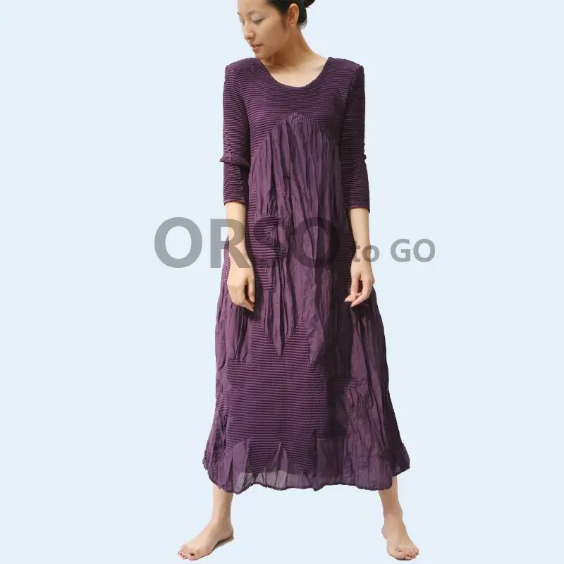 Azterumi Issey Miyake Spring New 2019 Women Casual Loose Pleated Dress Women Round Neck Midi A-Line Dresses Purple Vestidos