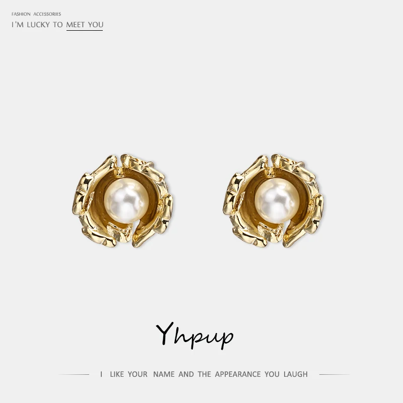 Yhpup Новая мода Медь простой золотой цветок серьги гвоздики S925 ювелирные изделия имитация жемчуга pendientes mujer для женщин платье Вечерние