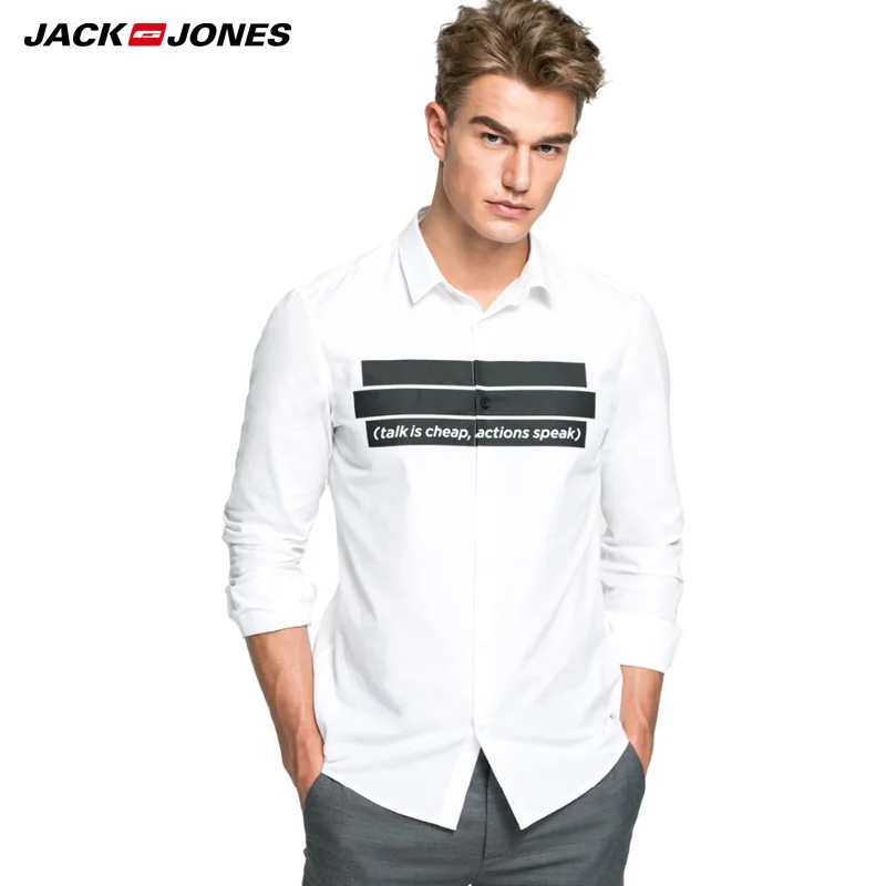 Jack & Jones бренд 100% хлопок офсетная печать письма Стенд воротник Тонкий с длинным рукавом Человек Рубашка 216305528