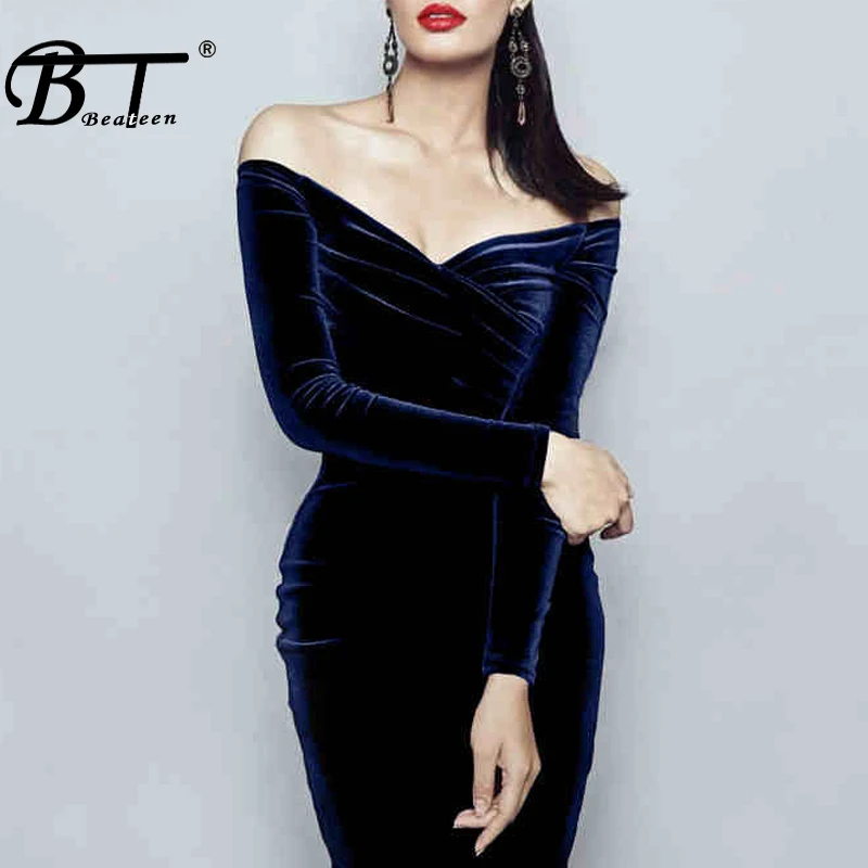 

Beateen 2018 New Off Shoulder Long Sleeve Sexy V Neck Elegant Party Dresses For Lady New Hot Velvet Midi Dress