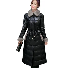 Новинка, куртка-пуховик на белом утином пуху, тонкая овечья кожа, Лисий мех, пальто с воротником, теплый зимний пуховик, модное женское пуховое пальто, YP0631