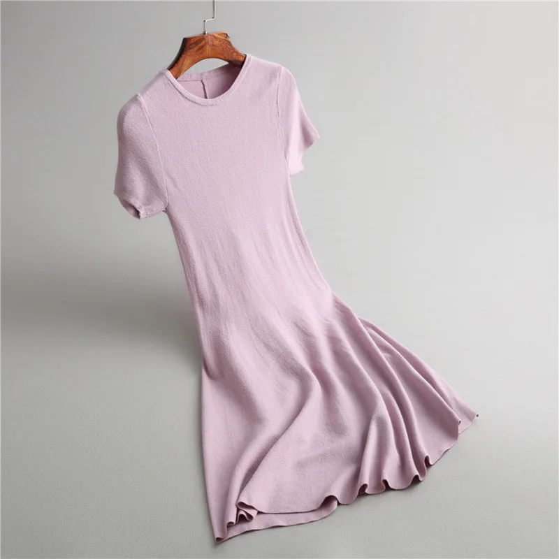 Женское платье, трикотажное платье-свитер и однотонное платье, Повседневное платье с круглым вырезом и коротким рукавом