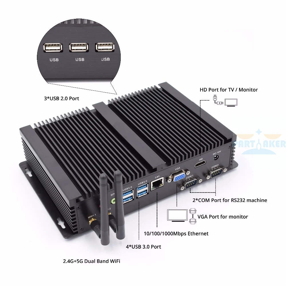 Intel Core i3 6006U i5 6200U i5 7200U Мини ПК Windows 10 Barebone компьютер 2 ГГц 520/620 графика 4 к HTPC minipc HDMI VGA 2 COM