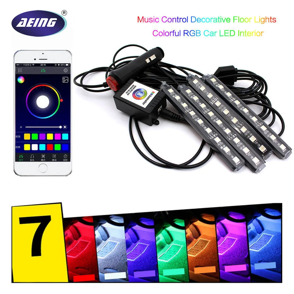 AEING 16 Colors Sound Activated RGB Cell Phone App Control Car LED Interior Decoration lighting