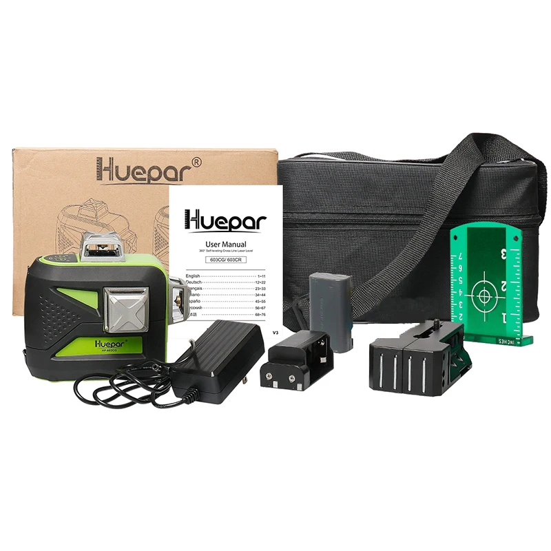 Huepa-Láser de línea cruzada autonivelante 3D, autonivelador con rayo verde de línea vertical y horizontal 360, uso de carga USB, batería seca y Li-ion