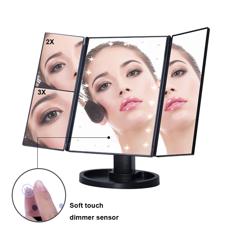 22 LEDs Folding Makeup Mirror Touch Screen 2X 3X Magnifying Vanity Mirror Table Desktop Makeup Cosmetic Tri-Folded Mirror Lights 1