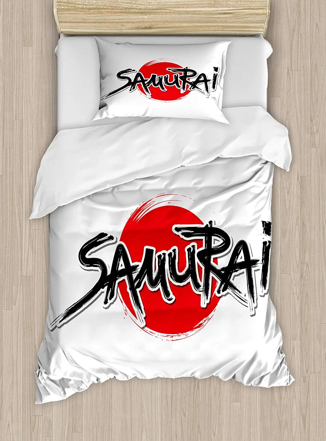 

Japanese Duvet Cover Set Twin Size Samurai Lettering Over Sun Figure Emperor Man Power Superior Force Artful Bedding Set Red