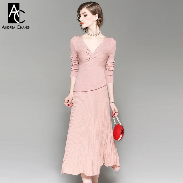 Special Price autumn winter woman clothing set v-neck slim sweater + calf length pleated skirt shiny black blue pink knitted two-piece suit