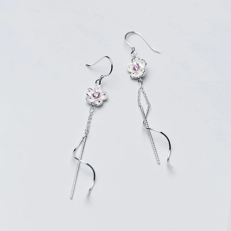 Cherry blossoms flower tassel dangle earring Pink 100% 925 Sterling silver Jewelry fashion Hypoallergenic dangle earrings gift
