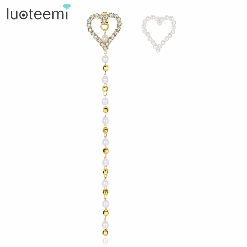

LUOTEEMI Asymmetric Heart Shape Earrings Cubic Zirconia with Simulate Pearls Long Chain Dangle Brincos for Women Party Jewelry