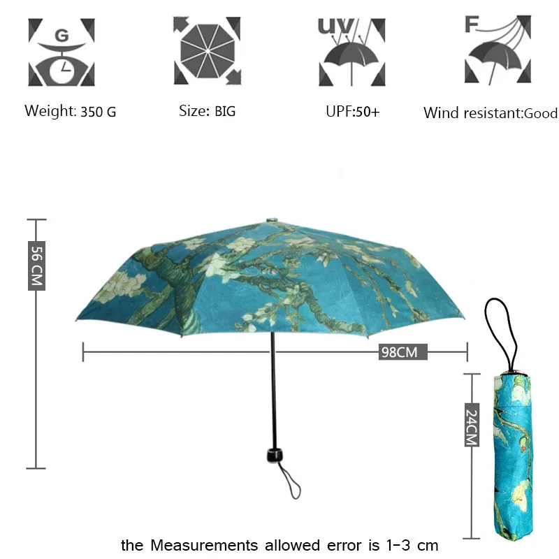 Yesello Винсента Ван Гога миндаля цветение картина маслом три складной арт Зонтик 8 Ребра ветронепроницаемая рамка для женщин