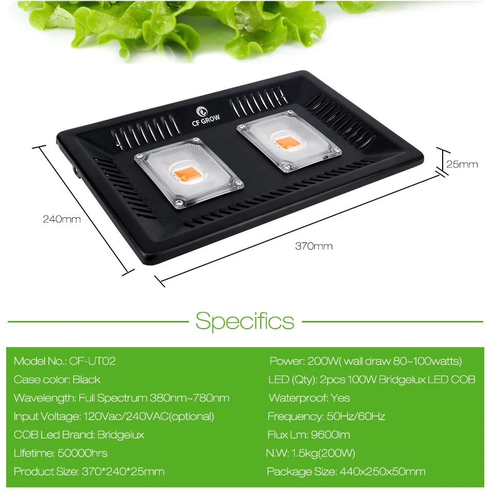 CF Grow COB Led Grow Light ультратонкий водонепроницаемый полного спектра, для теплицы гидропоники для выращивания овощей и цветения комнатных растений