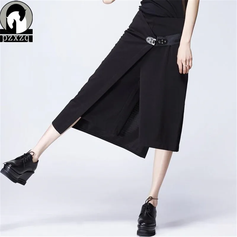 

2019 Summer Women Loose Pants Calf-length Pants+skirt 2set Casual High Waist Elastic Wide Leg Pants Solid Black Fashion Trousers