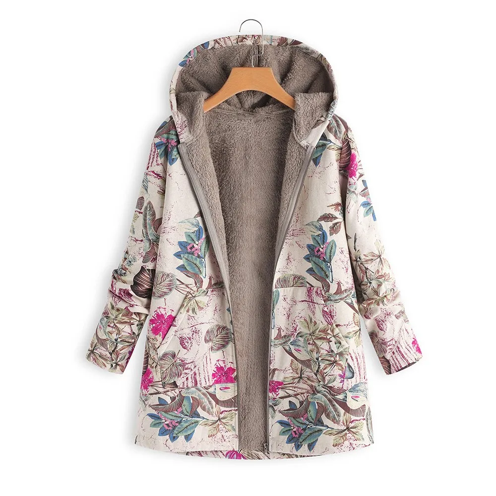 

Hooded Coats Cotton Winter Jacket Womens Outwear coat Warm Outwear Floral Print Hooded Pockets Vintage Oversize Coats