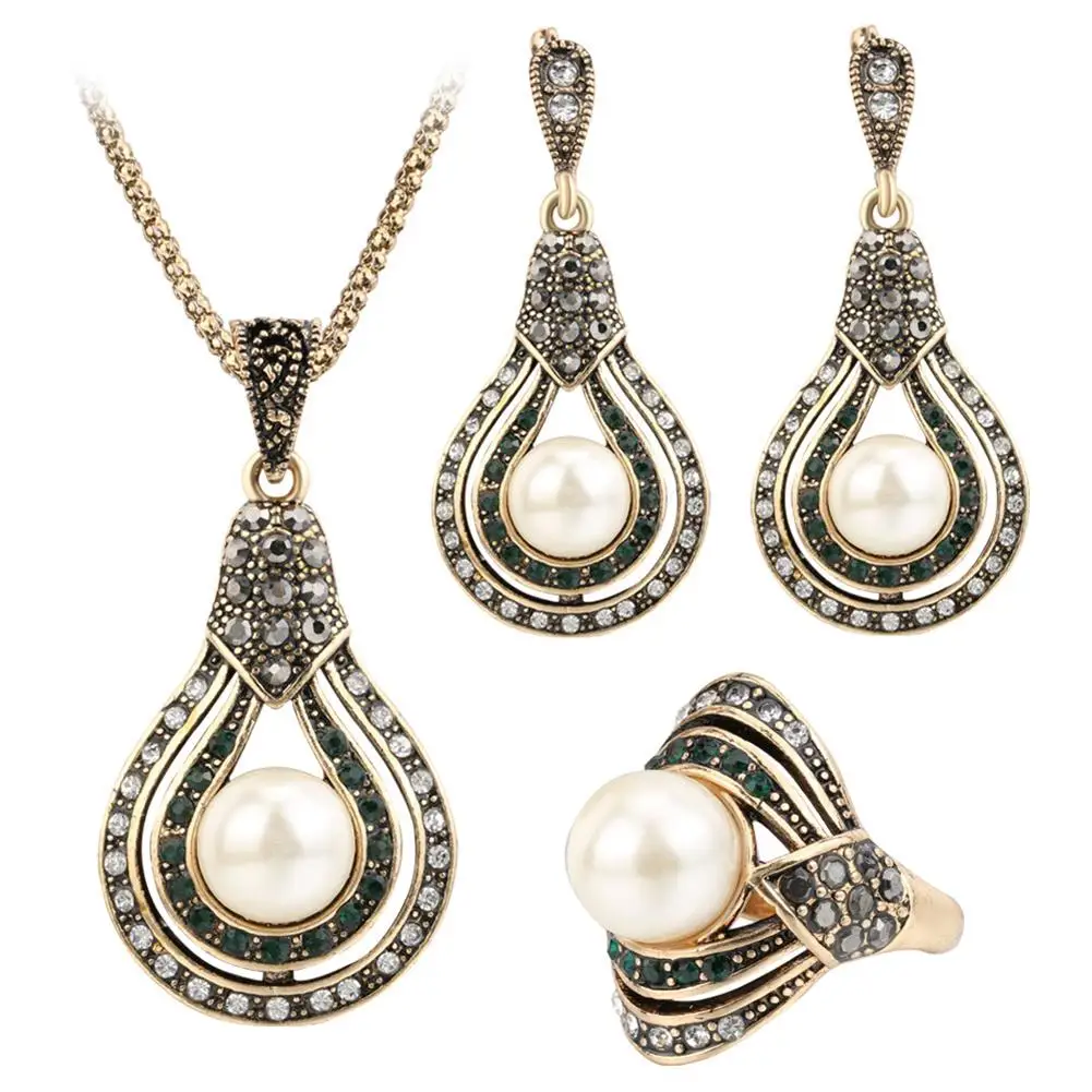 

Turkish Style Bridal Faux Pearl Necklace Ring Earrings Jewelry Set Party Gift new hot