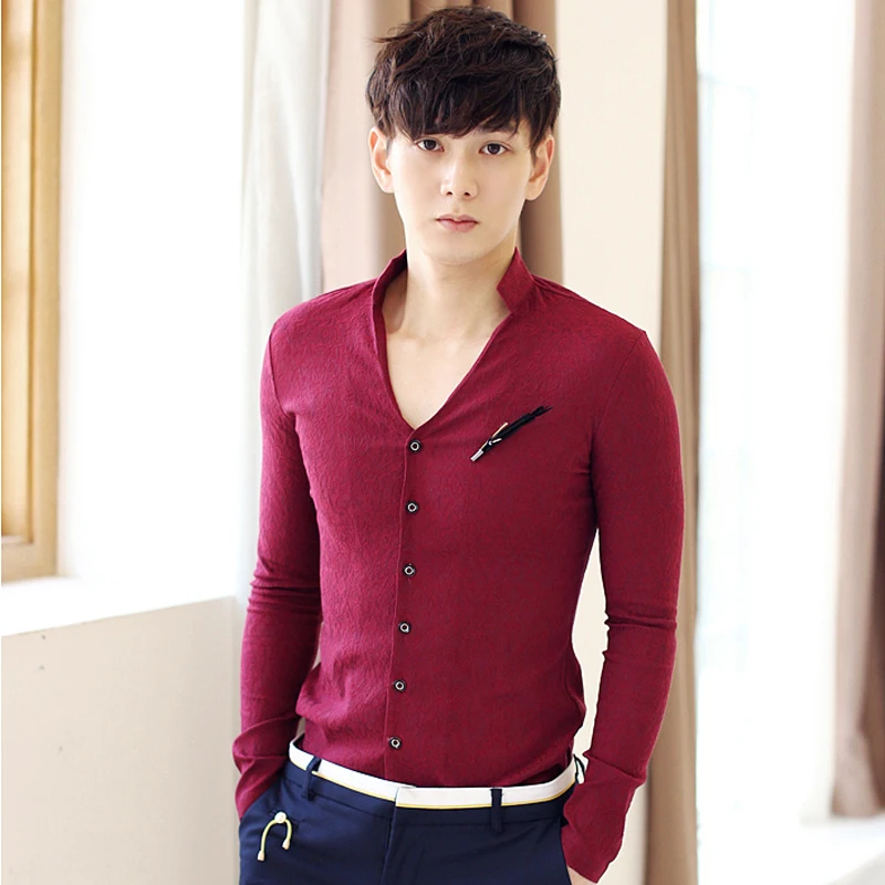 Stand Collar Shirts Mens Big V neck Sexy Casual Dress Shirts Mens