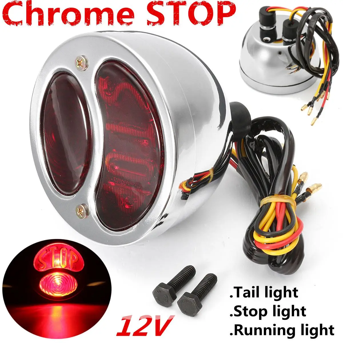 

12V Black/Chrome Metal Shell Retro Motorcycle Tail Running Brake Stop Light Brake Lights For Harley
