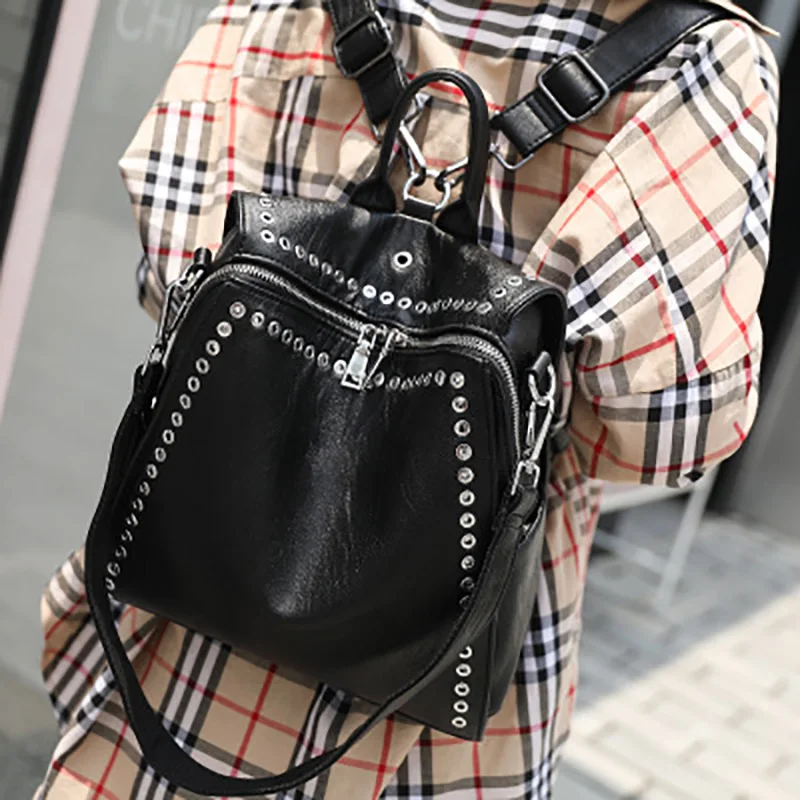 Student Bag Backpacks Travel-Bags Black Girl New-Fashion Rivet PU Spring Female Personalized