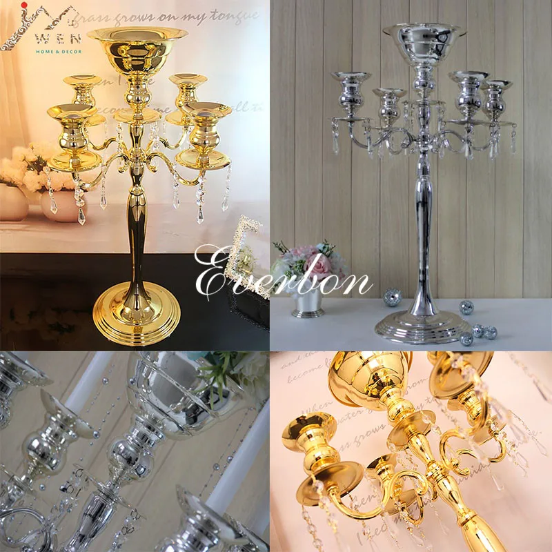 10pcs/lot,Gold/Silver 5 Heads Crystal Candelabra, Candle Holder, Flower