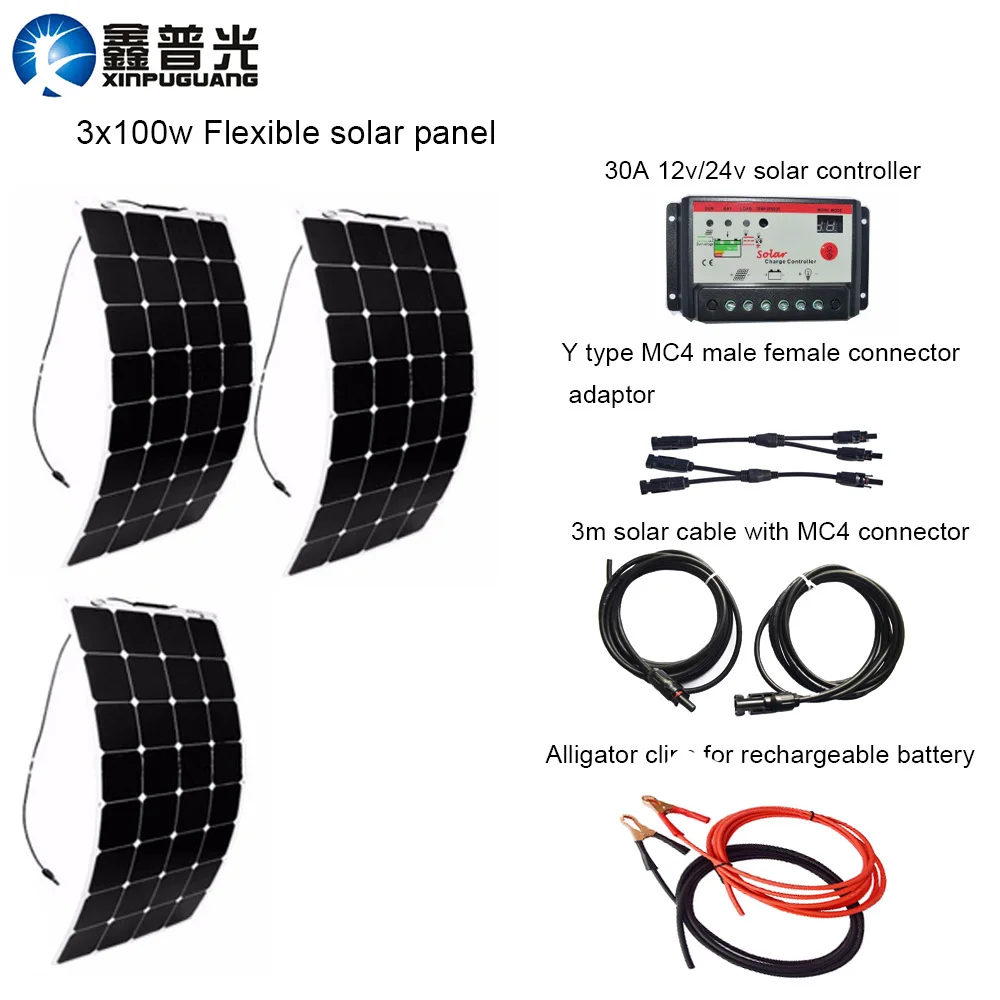 

300W DIY Kits Solar System 3pcs 100W flexible solar panel 30A red solar controller 3m MC4 wire red black cables clips