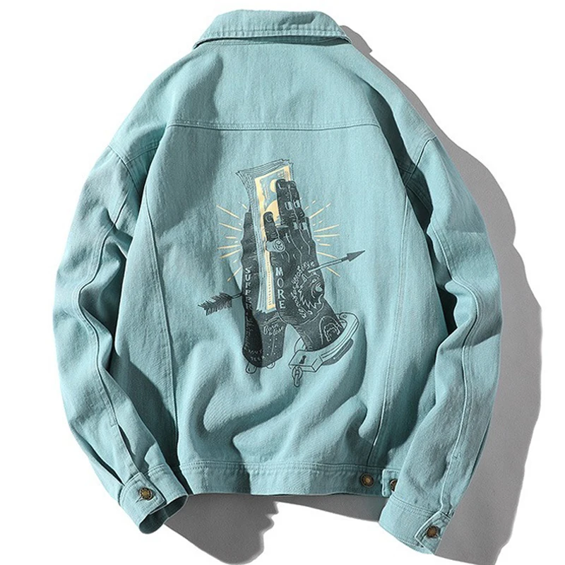 Denim Jacket Men 2019 New Streetwear Turn Down Collar Jacket Casual Print Long Sleeve Coat Hip Hop Men Jackets