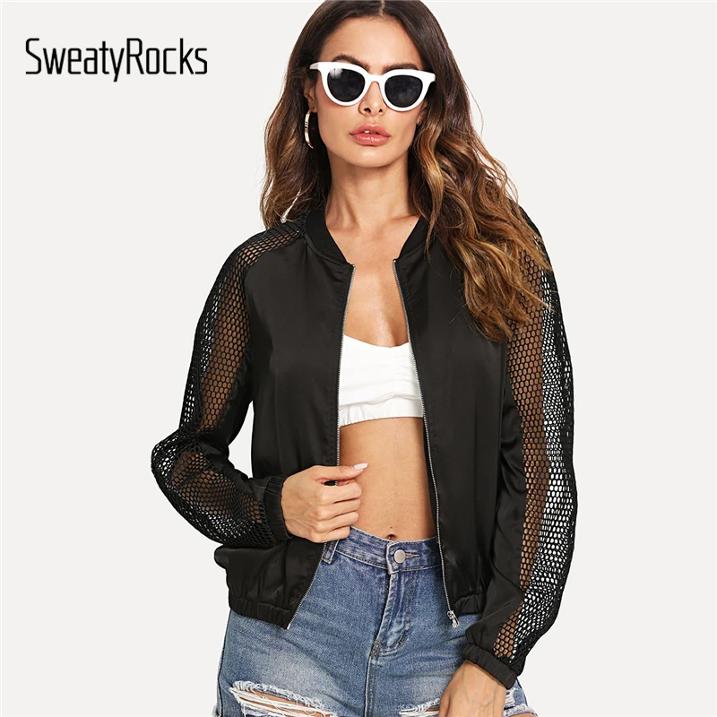 Buy SweatyRocks Sheer Mesh Raglan Sleeve Zip Up Jacket