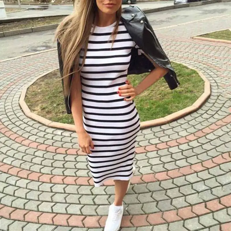 Women Summer Fashion O-neck Short Sleeve Striped Slim Clothing Casual Mid-Calf Casual Dress