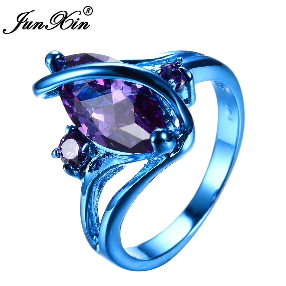 

JUNXIN Fashion Female Purple Zircon Ring Mystery Geometric Ring Blue Gold Filled Jewelry Vintage Wedding Rings For Women