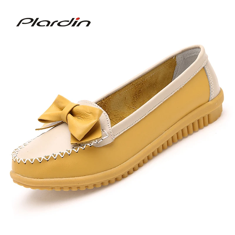 

plardin New Women Flat New Fashion Genuine Leather Women Shoes Woman Round Toe Slip On Bowtie Sweet Style Leisure Flats Shoe
