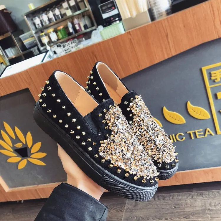 

Top Quality Women Flats Sequins Crystal Studded Slip on Lazy Loafer Flat Round Toe Rhinestone Shoes Causal Loafers