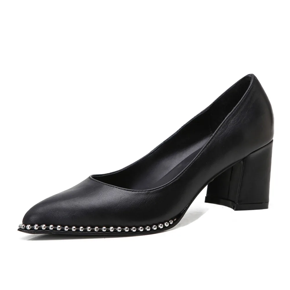 

2017 New Womens High Block Heel Black Pointed Toe Pumps Shoes Ladies Slip on Office Work Evening Leather Dress Shoes